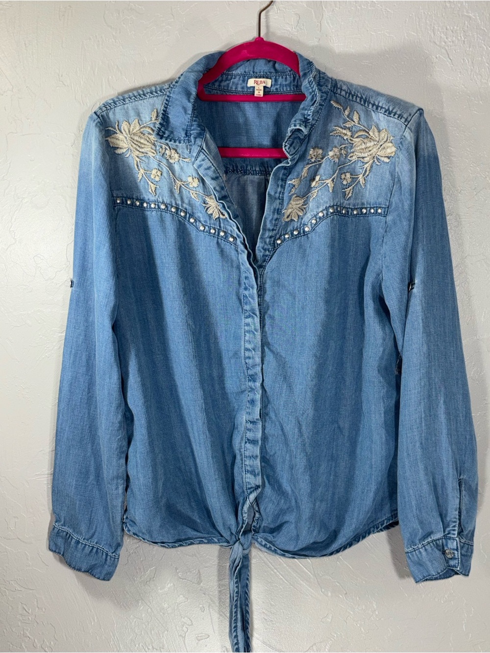 Reba Light Blue Embroidered Tie-Front Denim Blouse - Picture 8 of 12